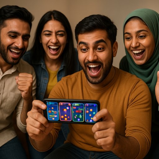 A multiplayer arcade session on a phone with teammates and cheering faces, highlighting live games and real-time competition in the D666 arcade app. The scene emphasizes social play among Pakistani gamers.